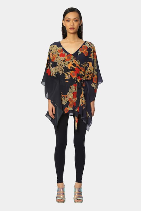 Buy_Satya Paul_Green Crepe Floral Pattern V Neck The Thailand Kaftan Top_Online_at_Aza_Fashions