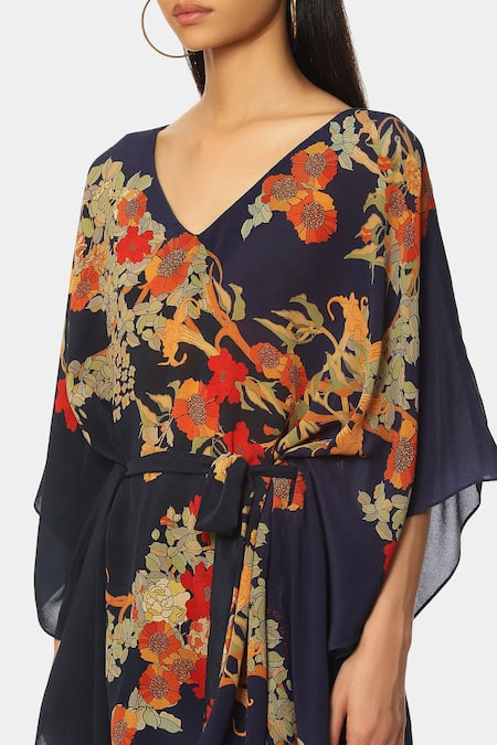 Shop_Satya Paul_Green Crepe Floral Pattern V Neck The Thailand Kaftan Top_Online_at_Aza_Fashions