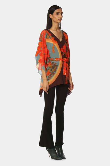 Satya Paul Green Crepe Floral V Neck Alibaug Printed Kaftan Top Online at Aza Fashions Satya Paul_Green Crepe Floral V Neck Alibaug Printed Kaftan Top _Online_at_Aza_Fashions