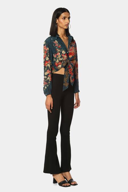 Satya Paul Blue Crepe Floral Shirt Collar Skater Printed Online at Aza Fashions Satya Paul_Blue Crepe Floral Shirt Collar Skater Printed _Online_at_Aza_Fashions