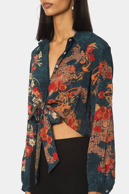 Buy Satya Paul Blue Crepe Floral Shirt Collar Skater Printed Online at Aza Fashions Buy_Satya Paul_Blue Crepe Floral Shirt Collar Skater Printed _Online_at_Aza_Fashions