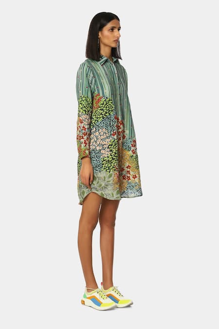 Satya Paul Green Linen Floral, Stripe Shirt Collar Radical Tunic Online at Aza Fashions Satya Paul_Green Linen Floral, Stripe Shirt Collar Radical Tunic _Online_at_Aza_Fashions