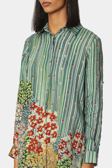 Buy Satya Paul Green Linen Floral, Stripe Shirt Collar Radical Tunic Online at Aza Fashions Buy_Satya Paul_Green Linen Floral, Stripe Shirt Collar Radical Tunic _Online_at_Aza_Fashions