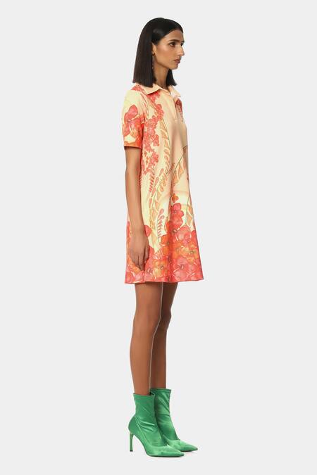 Satya Paul Peach Scuba Floral Shirt Collar Sunset Print Dress Online at Aza Fashions Satya Paul_Peach Scuba Floral Shirt Collar Sunset Print Dress _Online_at_Aza_Fashions
