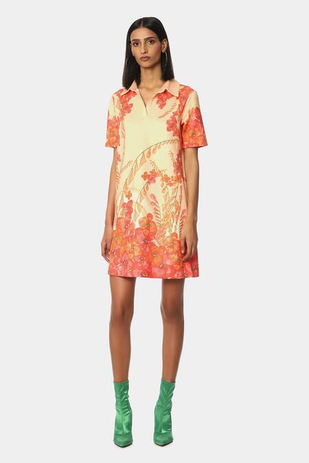 Buy Satya Paul Peach Scuba Floral Shirt Collar Sunset Print Dress Online at Aza Fashions Buy_Satya Paul_Peach Scuba Floral Shirt Collar Sunset Print Dress _Online_at_Aza_Fashions