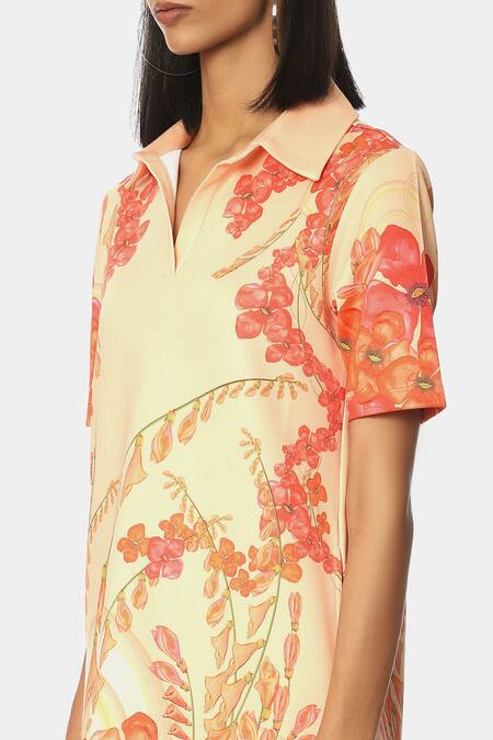 Shop Satya Paul Peach Scuba Floral Shirt Collar Sunset Print Dress Online at Aza Fashions Shop_Satya Paul_Peach Scuba Floral Shirt Collar Sunset Print Dress _Online_at_Aza_Fashions