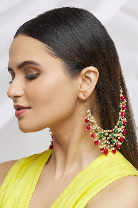 Just Shradhas_Gold Plated Pearls, Beads Multi Layered Ear Chains _Online_at_Aza_Fashions