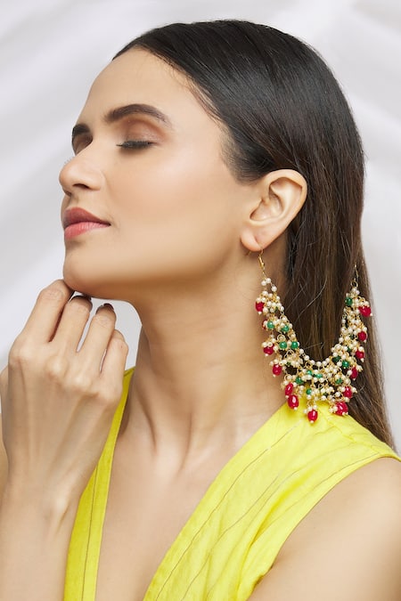 Shop_Just Shradhas_Gold Plated Pearls, Beads Multi Layered Ear Chains _Online_at_Aza_Fashions