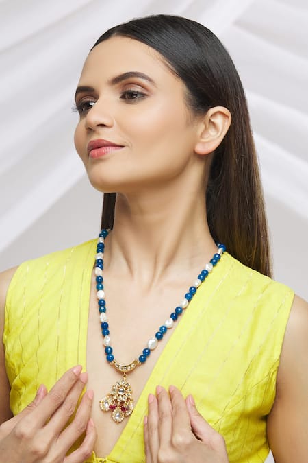 Buy_Just Shradhas_Blue Onyx Beaded Flower Pendant Necklace _Online_at_Aza_Fashions