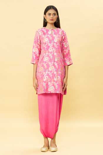 Buy_Vishwa By Pinki Sinha_Pink Dhoti-satin, Kurta-banarasi Silk Woven Floral Kurta And Dhoti Pant Set_Online_at_Aza_Fashions