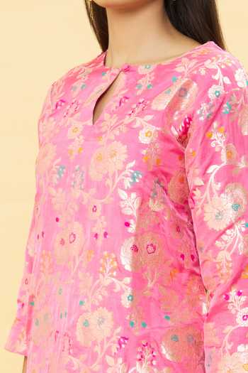 Shop_Vishwa By Pinki Sinha_Pink Dhoti-satin, Kurta-banarasi Silk Woven Floral Kurta And Dhoti Pant Set_Online_at_Aza_Fashions