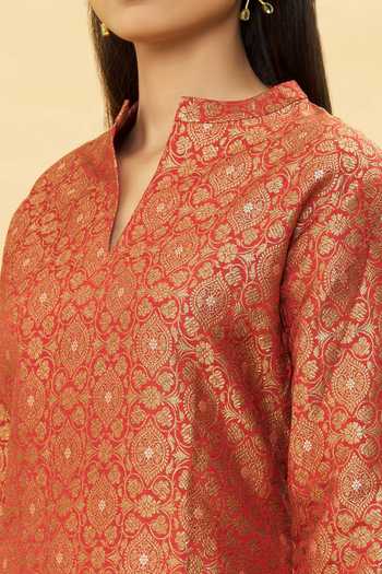 Shop_Vishwa By Pinki Sinha_Red Dhoti-satin, Kurta-banarasi Silk Woven Floral Notched Kurta And Dhoti Pant Set_Online_at_Aza_Fashions
