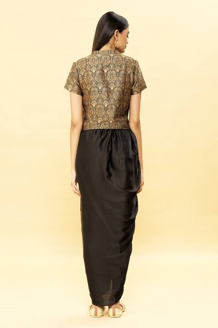 Shop Vishwa By Pinki Sinha Black Draped Skirt - Pure Satin, Jacket-banarasi Silk Woven Jacket And Set at Aza Fashions Shop_Vishwa By Pinki Sinha_Black Draped Skirt - Pure Satin, Jacket-banarasi Silk Woven Jacket And Set_at_Aza_Fashions