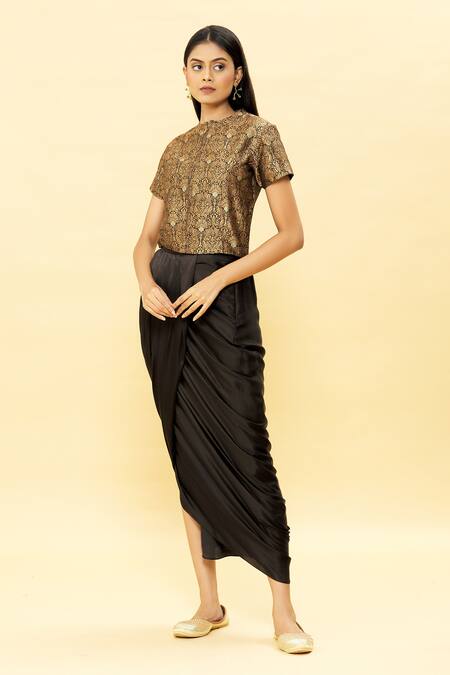 Vishwa By Pinki Sinha Black Draped Skirt - Pure Satin, Jacket-banarasi Silk Woven Jacket And Set Online at Aza Fashions Vishwa By Pinki Sinha_Black Draped Skirt - Pure Satin, Jacket-banarasi Silk Woven Jacket And Set_Online_at_Aza_Fashions