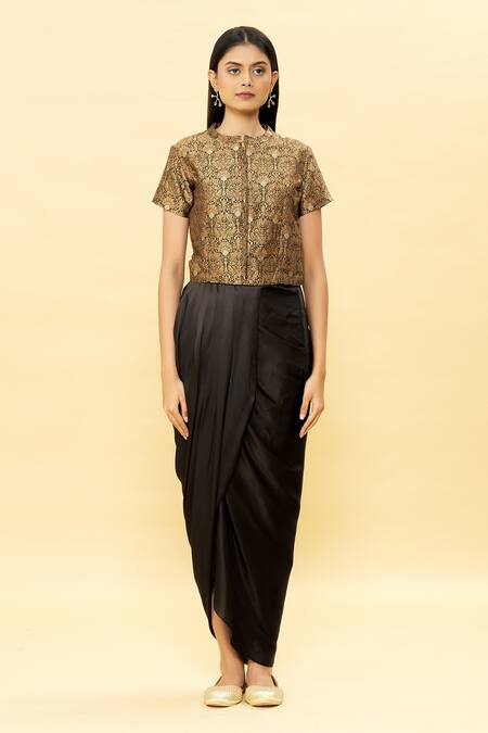 Buy Vishwa By Pinki Sinha Black Draped Skirt - Pure Satin, Jacket-banarasi Silk Woven Jacket And Set Online at Aza Fashions Buy_Vishwa By Pinki Sinha_Black Draped Skirt - Pure Satin, Jacket-banarasi Silk Woven Jacket And Set_Online_at_Aza_Fashions