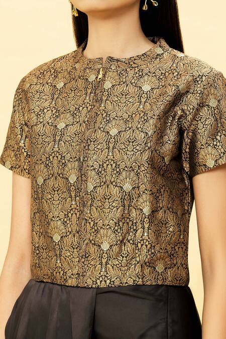 Shop Vishwa By Pinki Sinha Black Draped Skirt - Pure Satin, Jacket-banarasi Silk Woven Jacket And Set Online at Aza Fashions Shop_Vishwa By Pinki Sinha_Black Draped Skirt - Pure Satin, Jacket-banarasi Silk Woven Jacket And Set_Online_at_Aza_Fashions