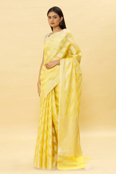 Pinki Sinha Yellow Cotton Handwoven Paisley Banarasi Saree 