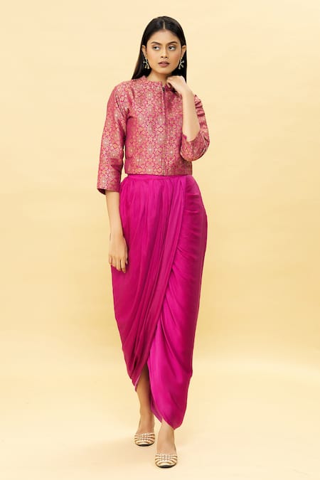 Pinki Sinha Pink Jacket-banarasi Silk Woven Floral High Jacket And Draped Skirt Set 