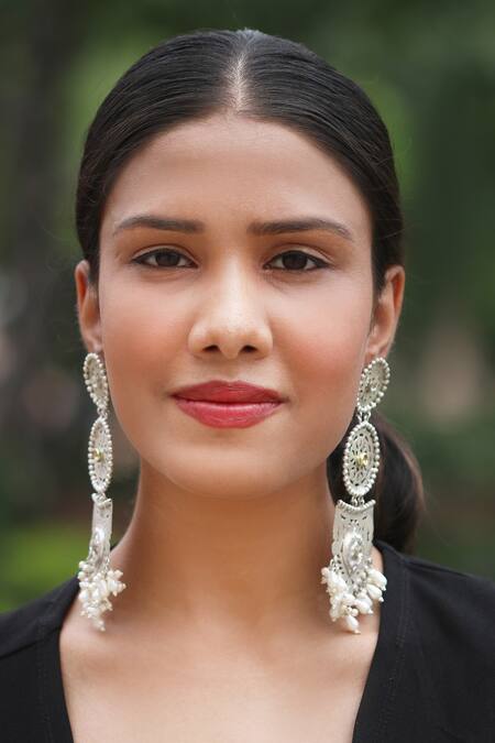 Shop_Arnimaa_Silver Plated Stones Gulchandani Embellished Long Earrings _Online_at_Aza_Fashions