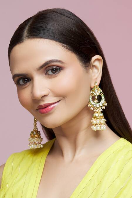 Chaotiq By Arti Gold Plated Kundan Polki Pearl Jhumkas Online at Aza Fashions Chaotiq By Arti_Gold Plated Kundan Polki Pearl Jhumkas_Online_at_Aza_Fashions