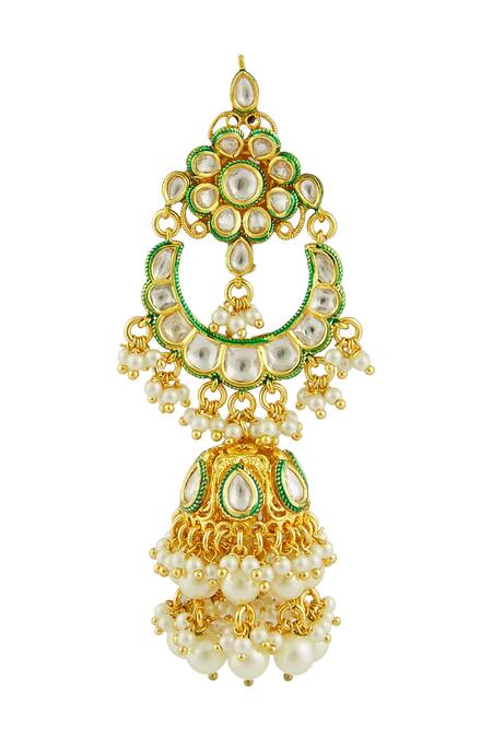 Shop Chaotiq By Arti Gold Plated Kundan Polki Pearl Jhumkas Online at Aza Fashions Shop_Chaotiq By Arti_Gold Plated Kundan Polki Pearl Jhumkas_Online_at_Aza_Fashions