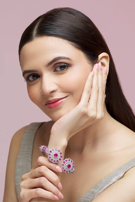 Shop_Chaotiq By Arti_Silver Plated Crystals, Diamonds Floral American Bracelet_Online_at_Aza_Fashions