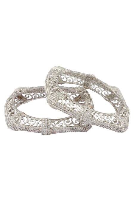 Shop_Chaotiq By Arti_Silver Plated Crystals, Diamonds Cutwork Bangles Set Of 2_Online_at_Aza_Fashions