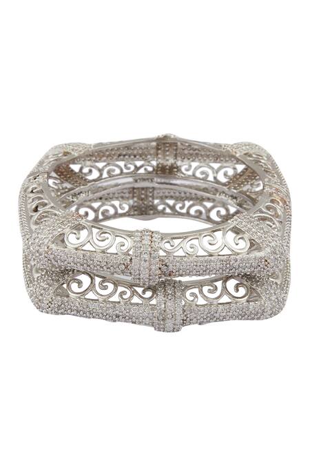 Chaotiq By Arti_Silver Plated Crystals, Diamonds Cutwork Bangles Set Of 2_at_Aza_Fashions