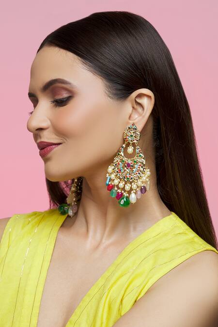 Buy_Kiara_Multi Color Crystals, Pearls Kundan Embellished Chandbalis_Online_at_Aza_Fashions