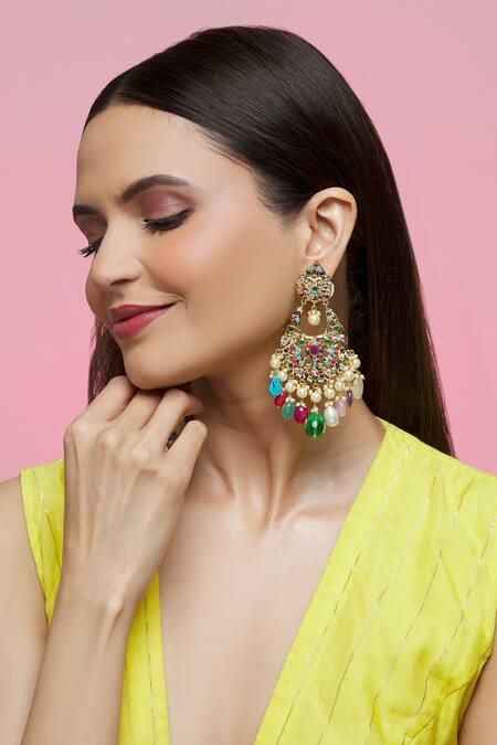 Kiara_Multi Color Crystals, Pearls Kundan Embellished Chandbalis_at_Aza_Fashions