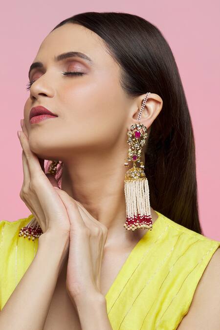 Kiara_Red Diamonds, Stones, Pearls Kundan Embellished Jhumkas_Online_at_Aza_Fashions