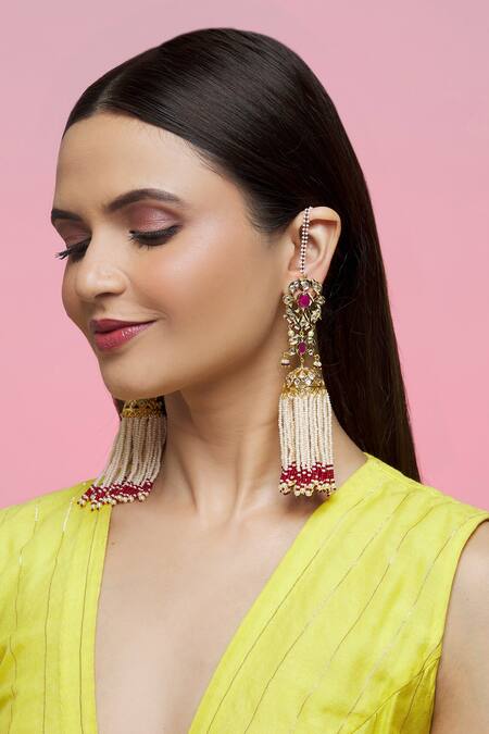 Kiara_Red Diamonds, Stones, Pearls Kundan Embellished Jhumkas_at_Aza_Fashions