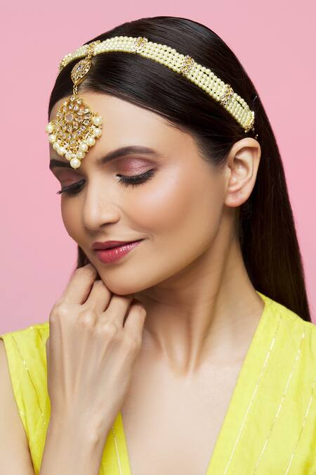 Buy_Kiara_Gold Plated Pearl Embellished Mathapatti_Online_at_Aza_Fashions