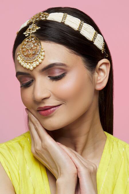 Shop_Kiara_Gold Plated Geometric Embellished Mathapatti_Online_at_Aza_Fashions