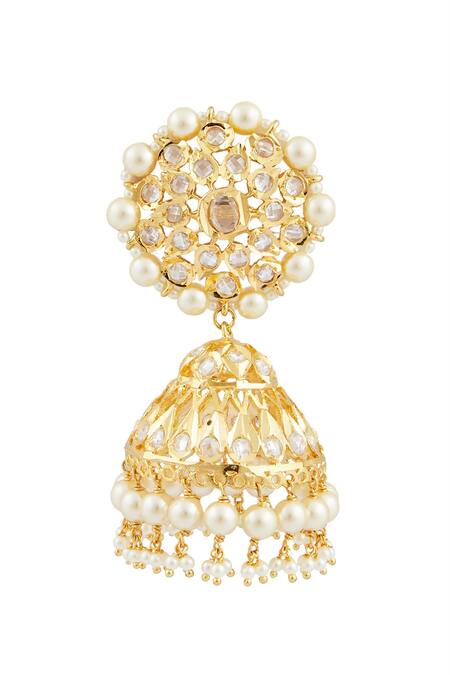 Kiara_Gold Plated Kundan Stone Embellished Jhumkas_at_Aza_Fashions