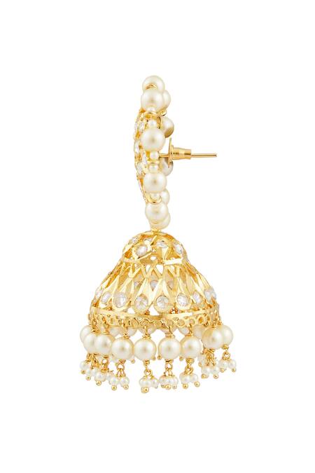 Kiara_Gold Plated Kundan Stone Embellished Jhumkas_Online_at_Aza_Fashions
