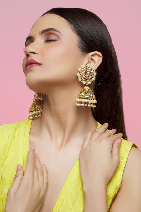 Buy_Kiara_Gold Plated Kundan Stone Embellished Jhumkas_Online_at_Aza_Fashions