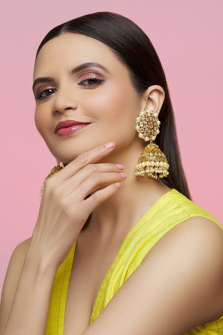 Shop_Kiara_Gold Plated Kundan Stone Embellished Jhumkas_Online_at_Aza_Fashions
