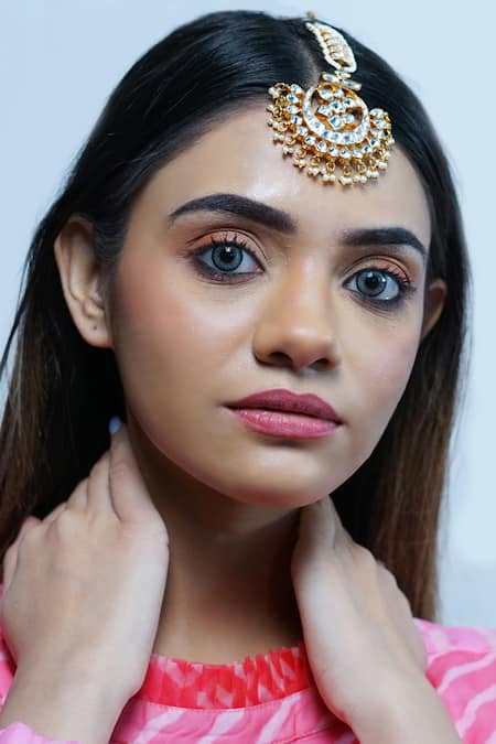 Shop_Namasya_Gold Plated Floral Motif Maangtikaa _at_Aza_Fashions