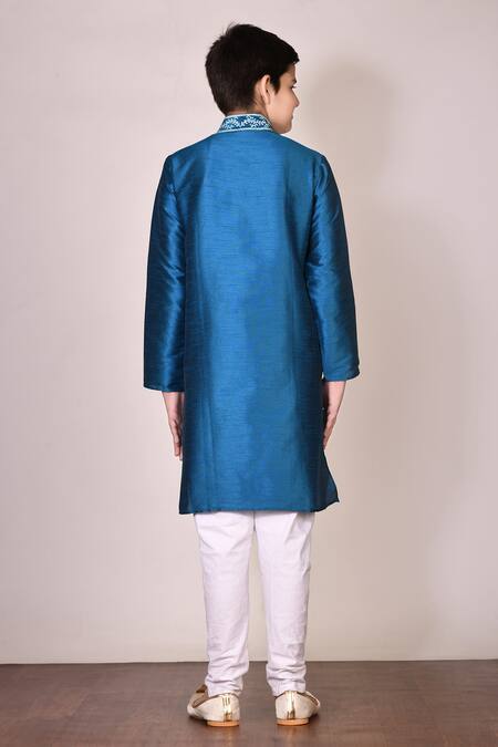 Shop_Arihant Rai Sinha_Blue Silk Embroidery Kurta Set _at_Aza_Fashions