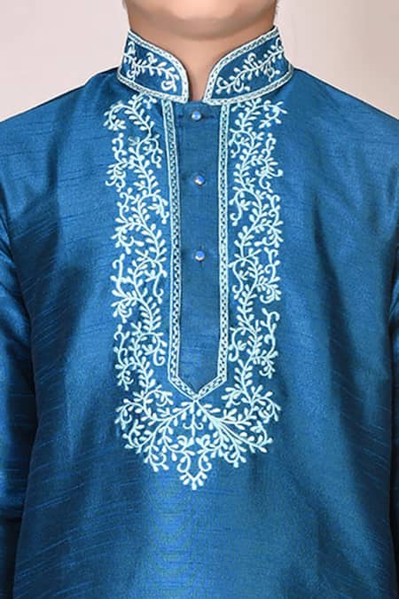 Shop_Arihant Rai Sinha_Blue Silk Embroidery Kurta Set _Online_at_Aza_Fashions