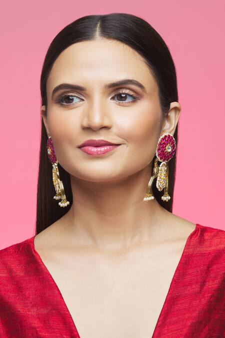 Khushi Jewels_Red Pearls, Stones, Diamonds Peacock Shape Dangler Earrings _Online_at_Aza_Fashions