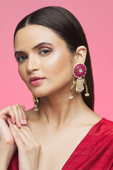 Buy_Khushi Jewels_Red Pearls, Stones, Diamonds Peacock Shape Dangler Earrings _Online_at_Aza_Fashions
