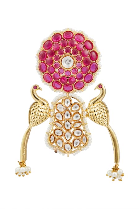 Shop_Khushi Jewels_Red Pearls, Stones, Diamonds Peacock Shape Dangler Earrings _Online_at_Aza_Fashions
