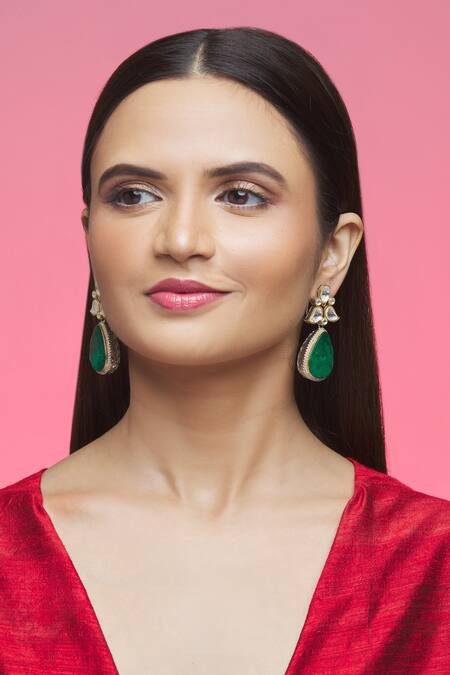 Khushi Jewels_Green Stones, Diamonds Embellished Dangler Earrings _Online_at_Aza_Fashions