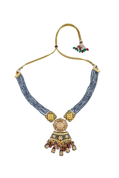 Khushi Jewels_Grey Beads, Metallic Thread Meenakari Work Necklace Set _Online_at_Aza_Fashions