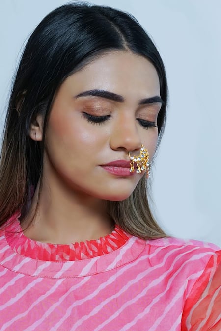 Shop Namasya Gold Plated Pearls Kundan Carved Nose Ring at Aza Fashions Shop_Namasya_Gold Plated Pearls Kundan Carved Nose Ring _at_Aza_Fashions