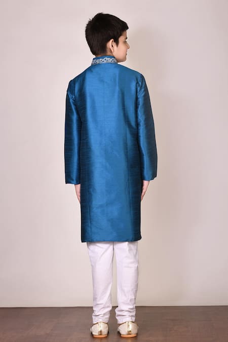 Shop Petite Pomme Blue Silk, Cotton Embroidery Kurta Set at Aza Fashions Shop_Petite Pomme_Blue Silk, Cotton Embroidery Kurta Set_at_Aza_Fashions