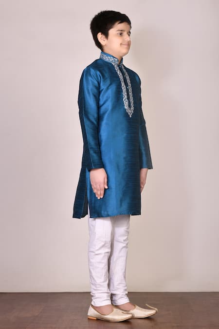 Petite Pomme Blue Silk, Cotton Embroidery Kurta Set Online at Aza Fashions Petite Pomme_Blue Silk, Cotton Embroidery Kurta Set_Online_at_Aza_Fashions