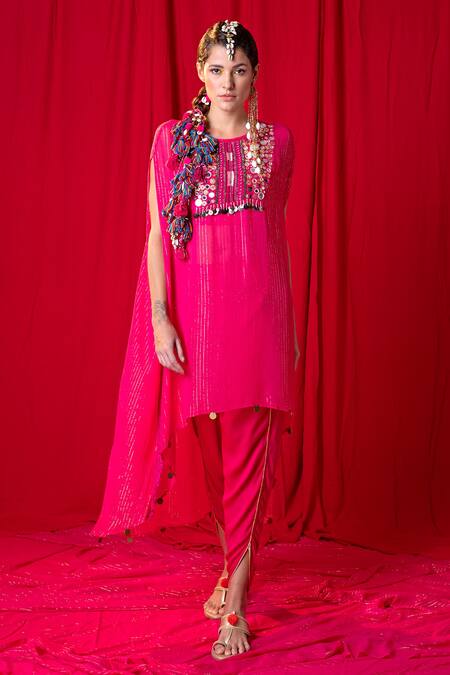 Enech_Pink Georgette, Modal, Muslin Metallic Jhalar Asymmetric Tunic And Tulip Pant Set _Online_at_Aza_Fashions